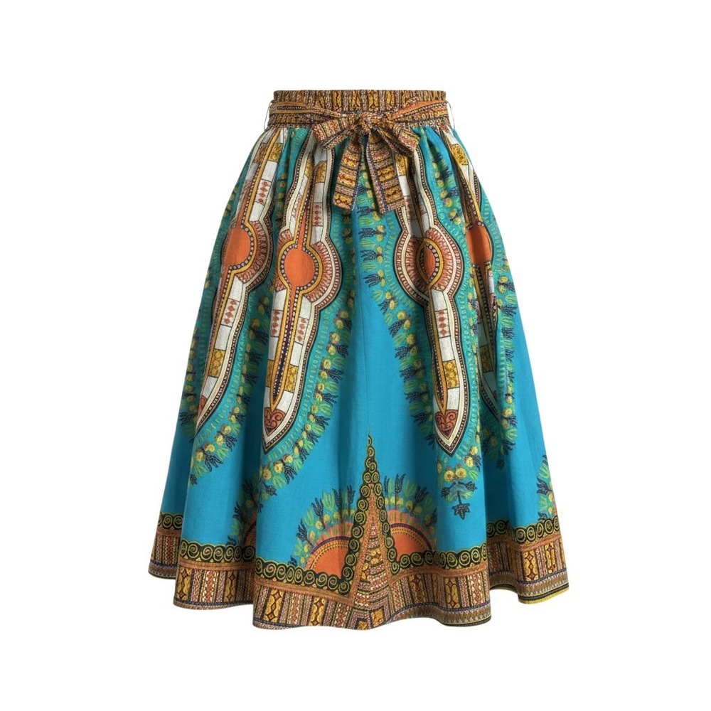 Gunita Dashiki Midi Skirt L/XL Blue Orange Cotton Smocked Waist Tie Belt Boho